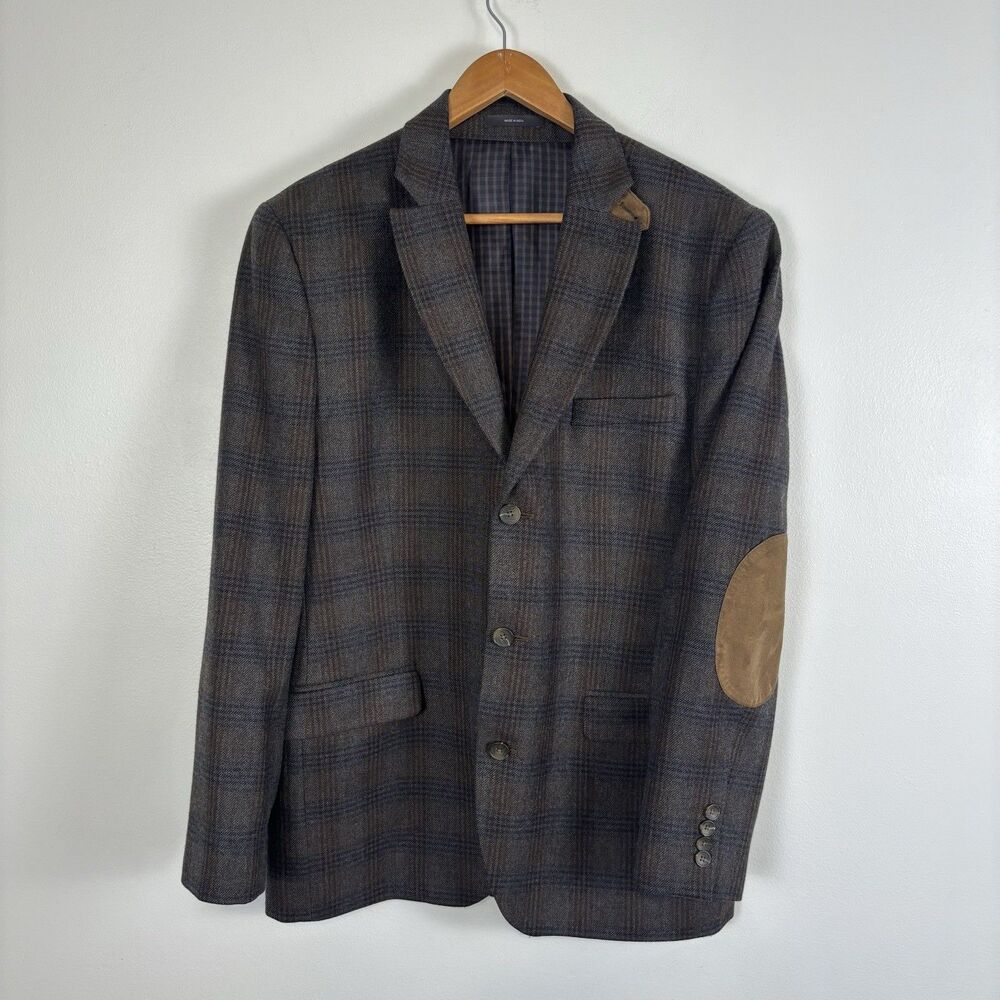 JOE Joseph Abboud 42R Wool Tweed Plaid Blazer Jacket Suede Elbow Patches Brown